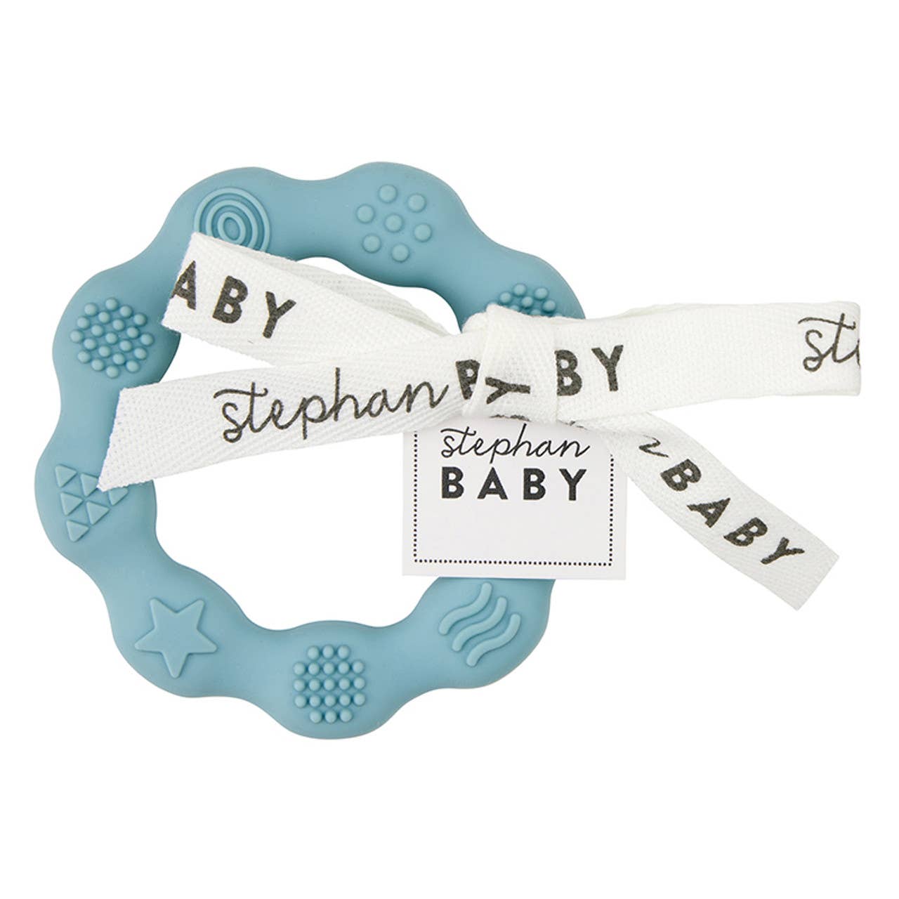 Blue baby teether with 'Stephan Baby' labels on a white background