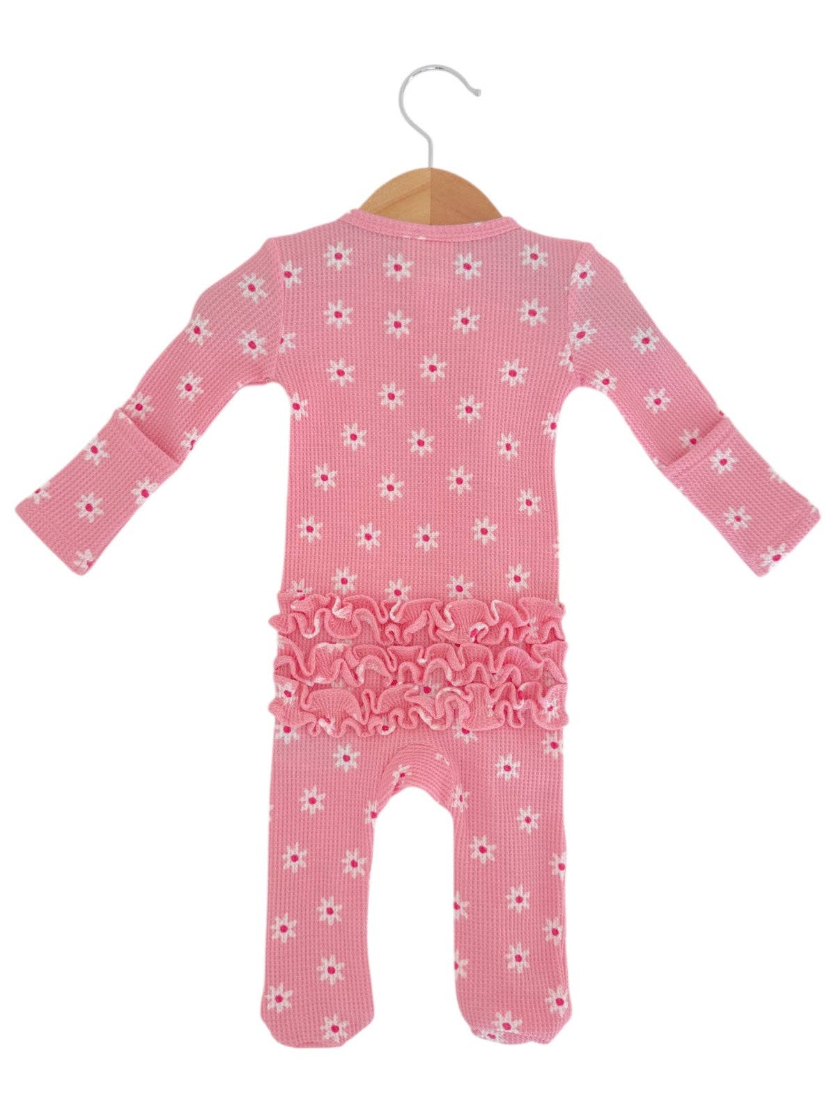 Organic Waffle 2-Way Zip Ruffle Footie, Pink Flower: Newborn
