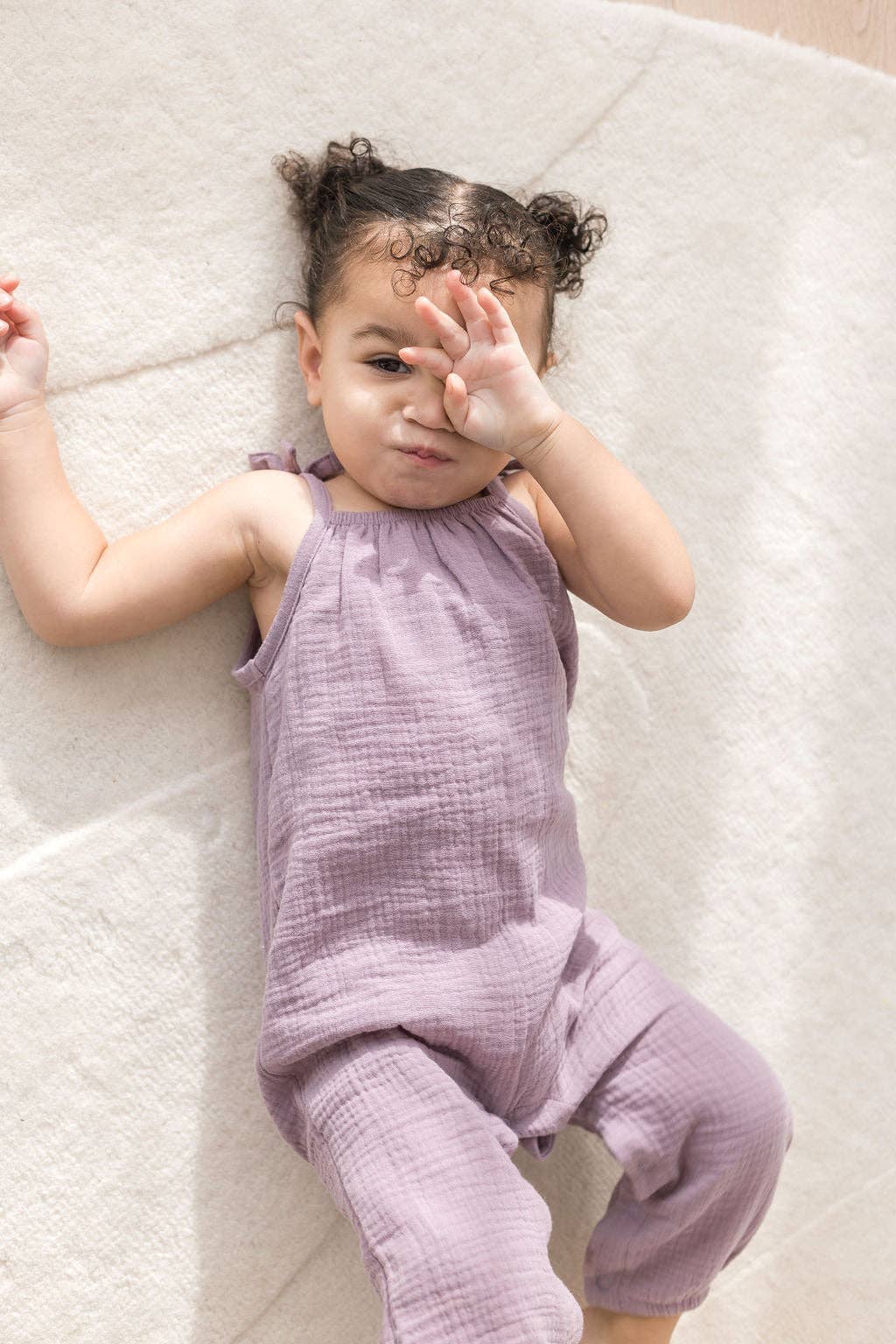 Sleeveless Bow Strap Jumpsuit | Lilac: 6/12M