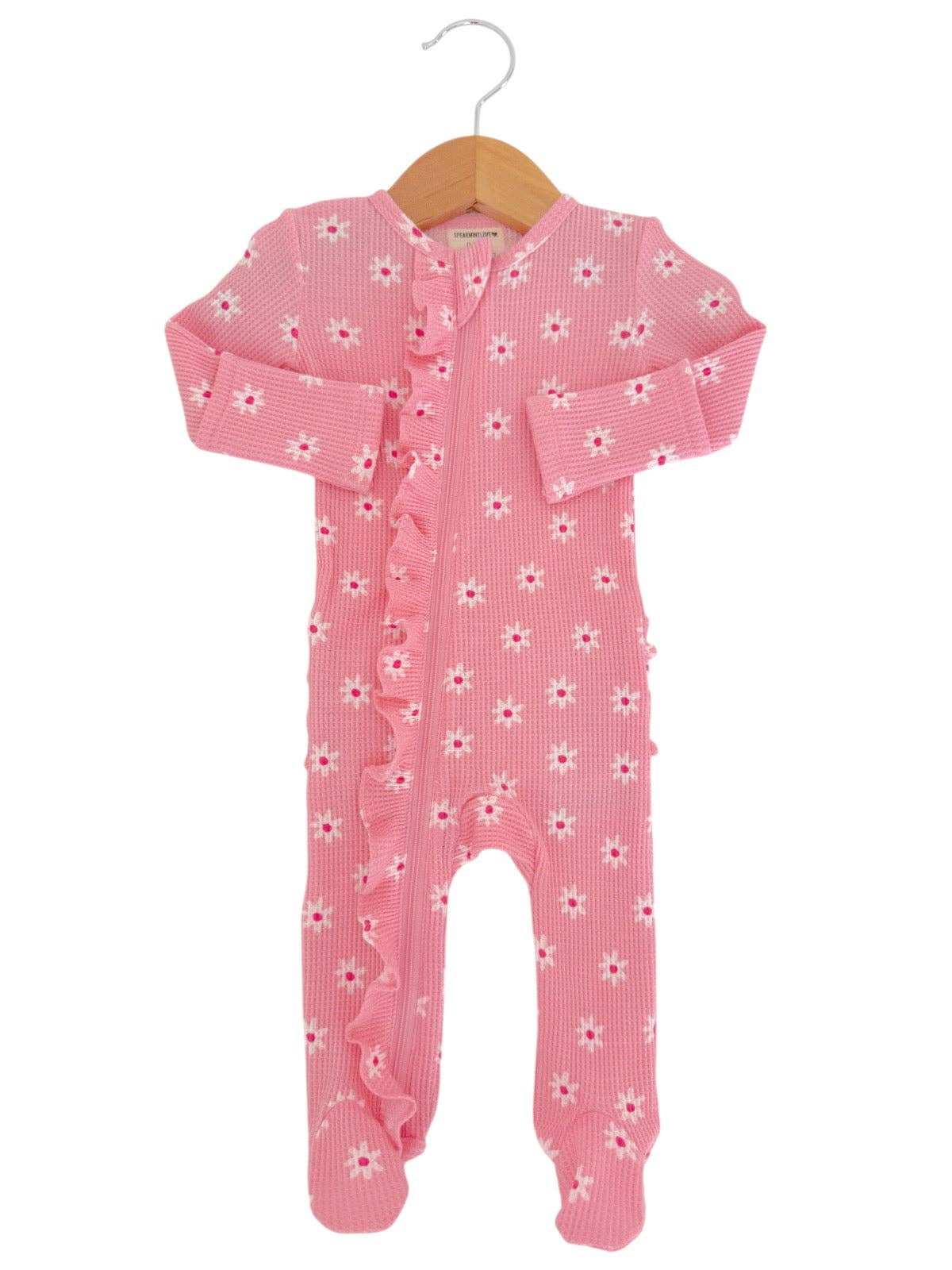 Organic Waffle 2-Way Zip Ruffle Footie, Pink Flower: Newborn