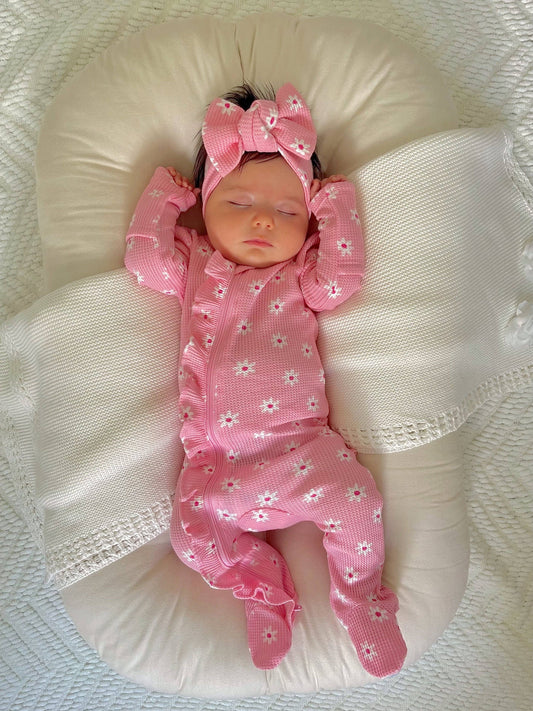 Organic Waffle 2-Way Zip Ruffle Footie, Pink Flower: Newborn