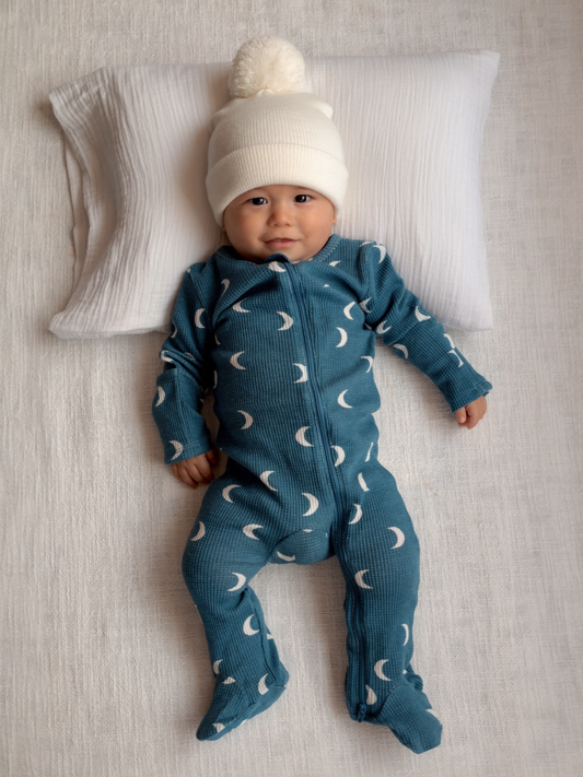 Organic Waffle 2-Way Zip Footie, Midnight Moon