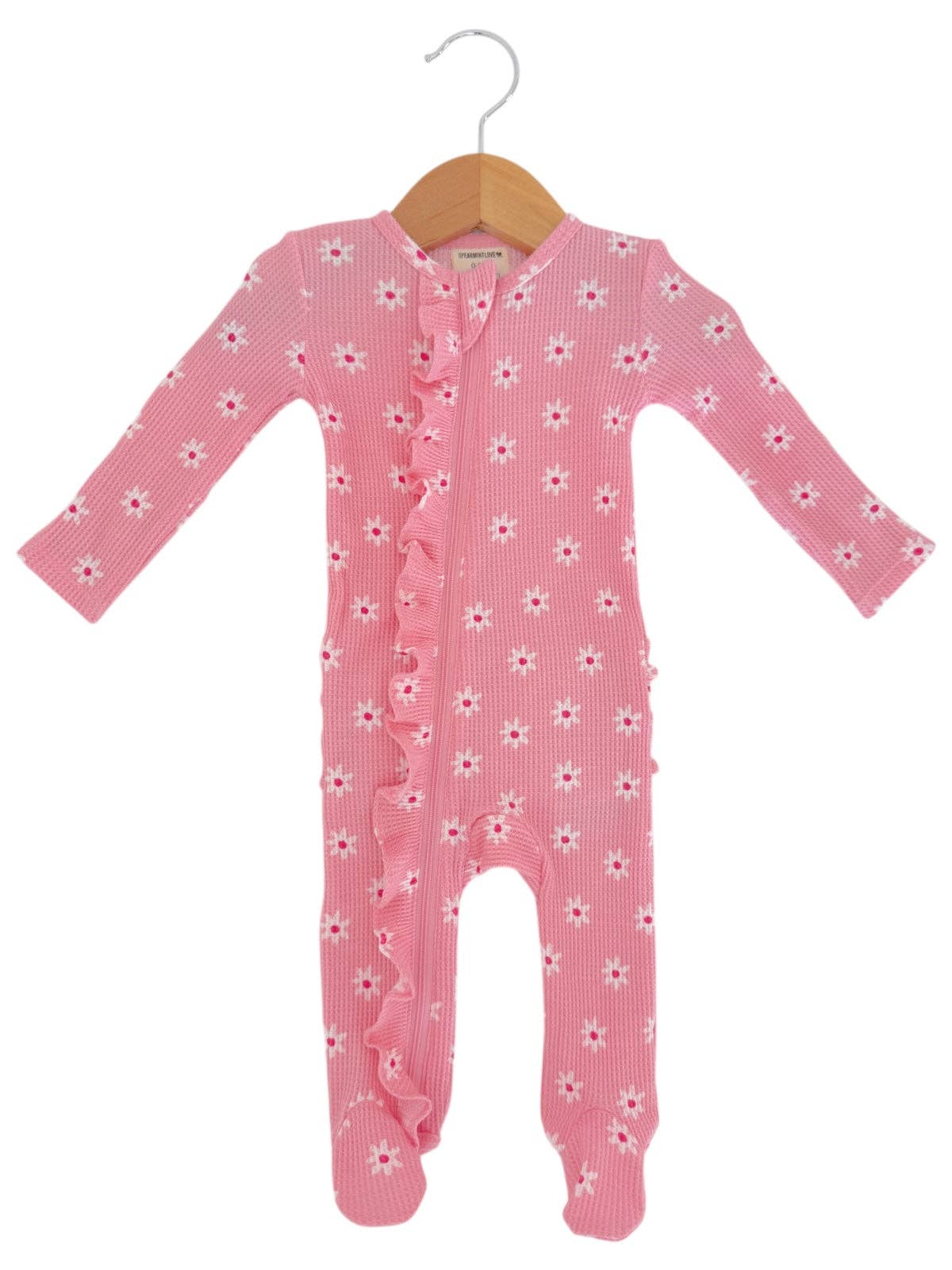 Organic Waffle 2-Way Zip Ruffle Footie, Pink Flower: Newborn