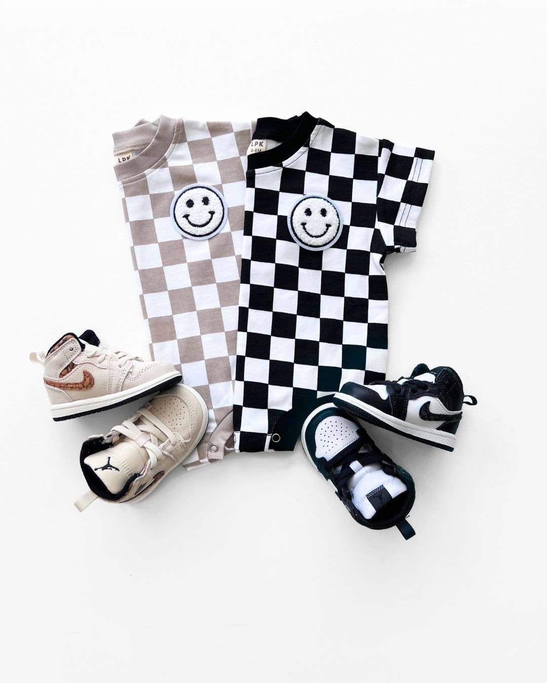 Short Sleeve Bubble Romper | Checkered Smiley Latte: Baby 6-12M