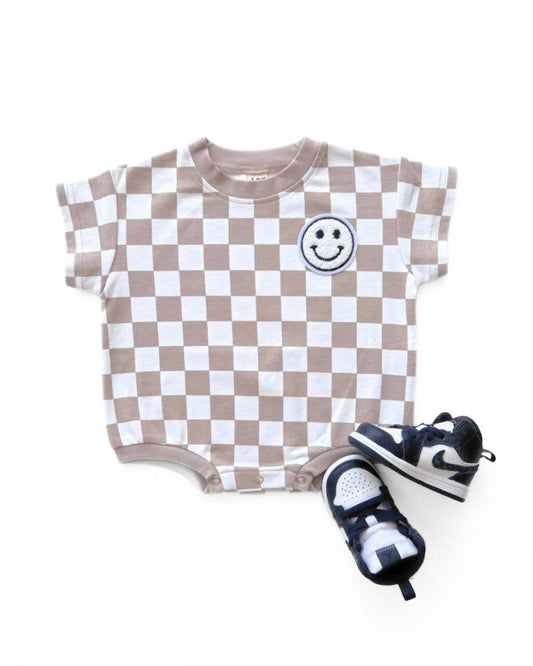 Short Sleeve Bubble Romper | Checkered Smiley Latte: Baby 0-3M