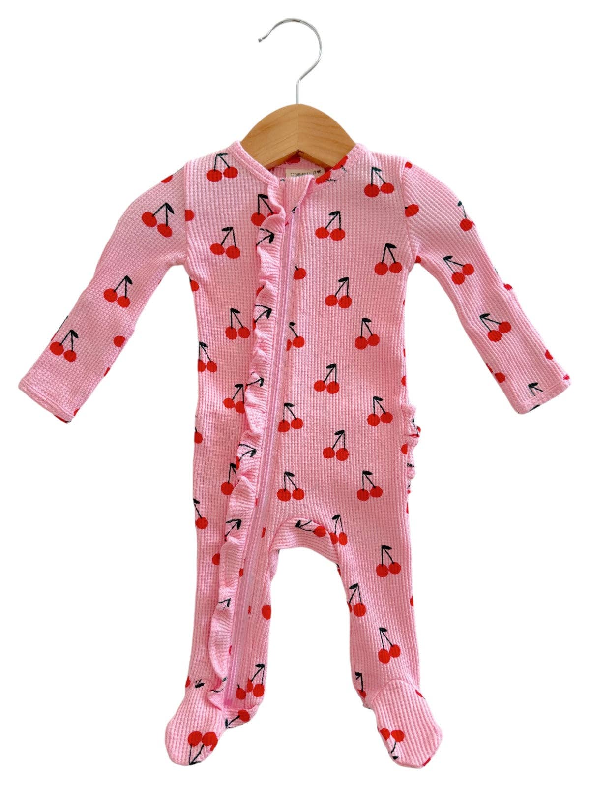 Organic Waffle 2-Way Zip Ruffle Footie, Pink Cherries