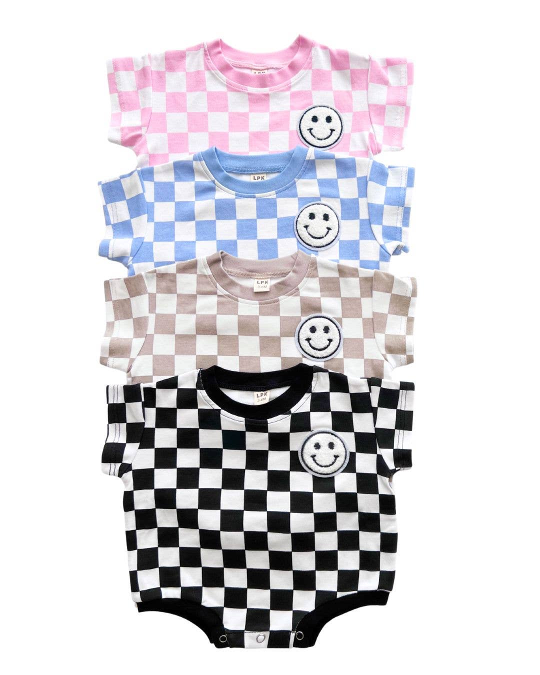 Short Sleeve Bubble Romper | Checkered Smiley Latte: Baby 6-12M