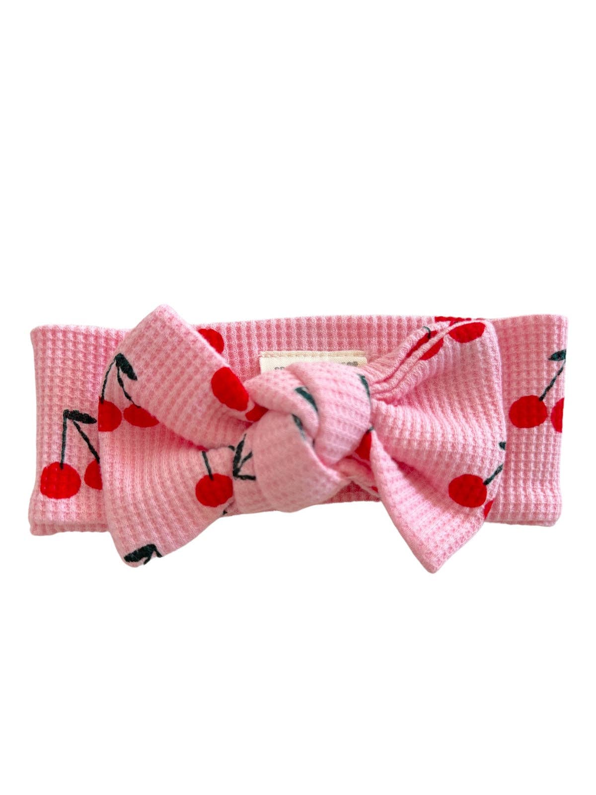 Organic Waffle Knot Bow, Pink Cherries