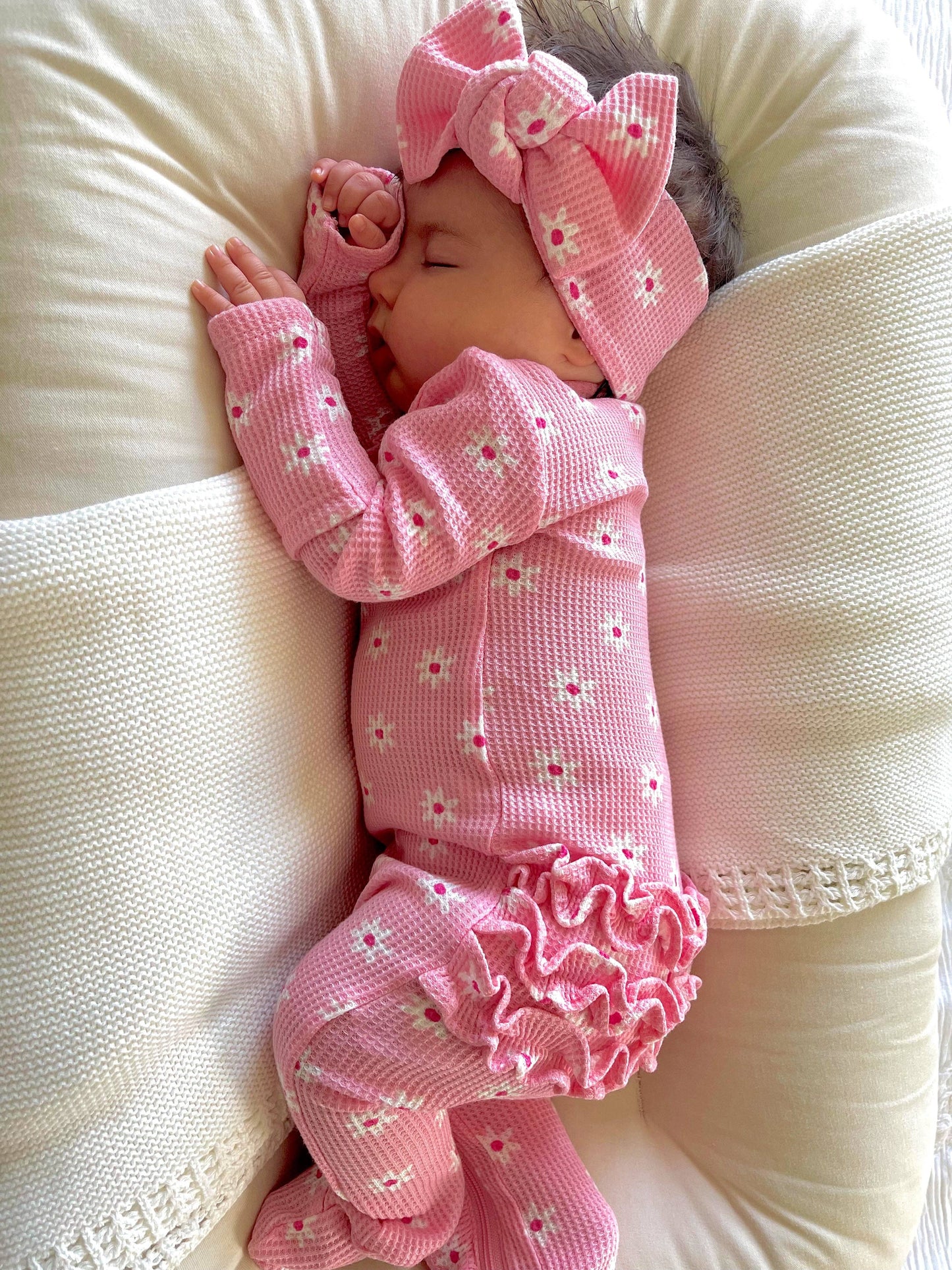 Organic Waffle 2-Way Zip Ruffle Footie, Pink Flower: Newborn